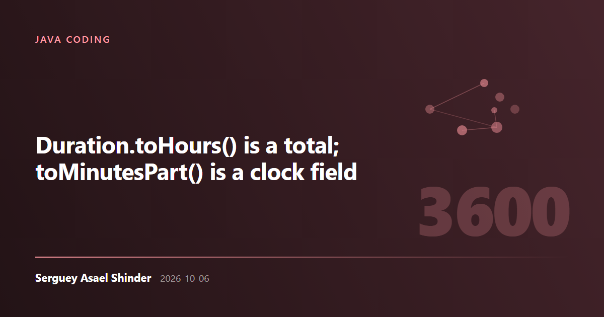 Serguey Asael Shinder: Duration.toHours() is a total; toMinutesPart() is a clock field