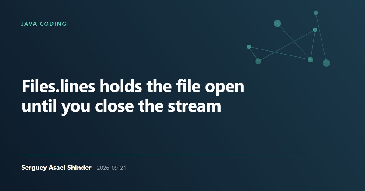 Serguey Asael Shinder: Files.lines holds the file open until you close the stream